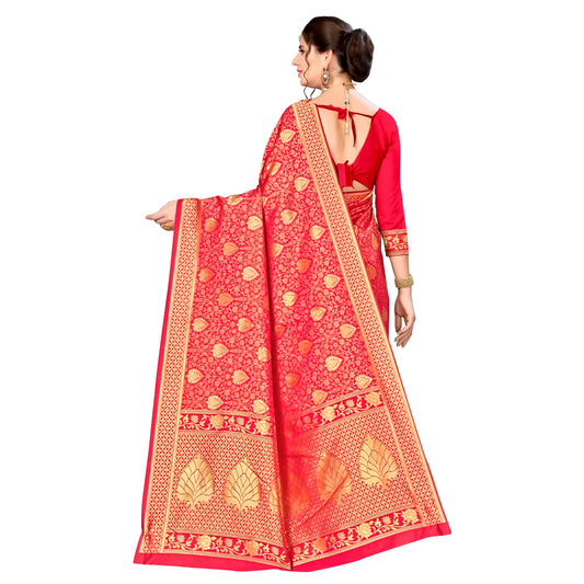 Detailed view of pallu and zari motifs on red Banarasi silk in studio setting