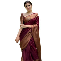 Studio front pose of maroon saree draped formally – white background