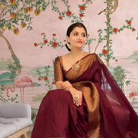 Front view of 🩷 Raktamukhi maroon Lichi silk saree draped elegantly – lifestyle background