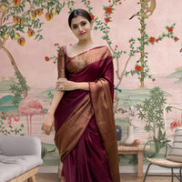 Front view of 🩷 Raktamukhi maroon Lichi silk saree draped elegantly – lifestyle background