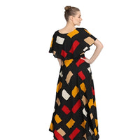 Studio back view of printed full-length gown for women