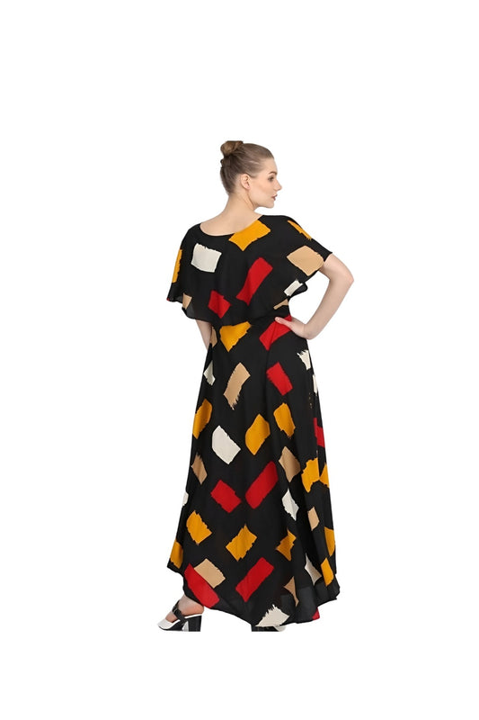 Studio back view of printed full-length gown for women