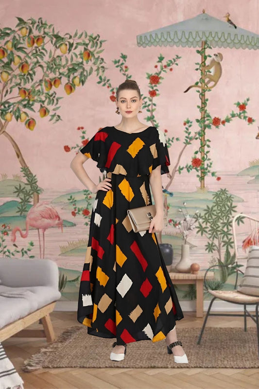 Front view of multicolor printed gown for women by CELESTINA