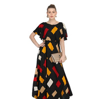  Studio front image of CELESTINA multi color printed crepe gown