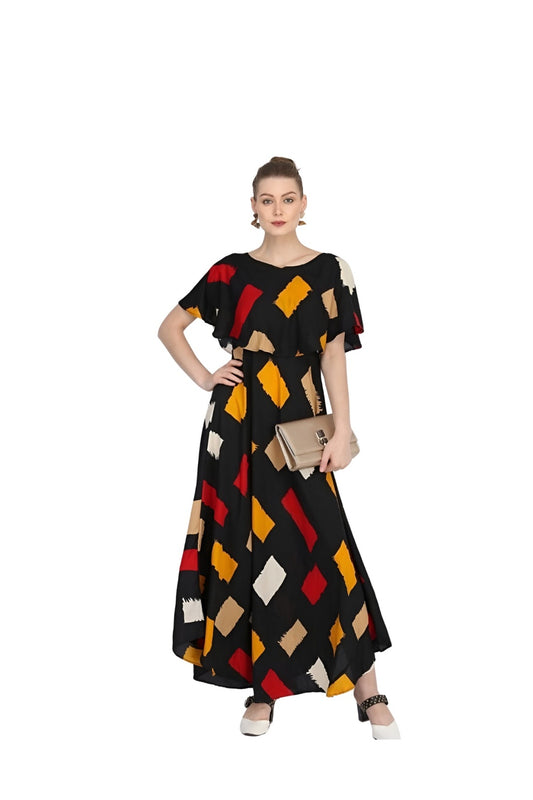  Studio front image of CELESTINA multi color printed crepe gown