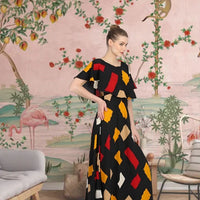  Side profile of multicolor crepe gown in palace room background