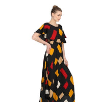  Side studio profile of multicolor printed crepe gown from CELESTINA