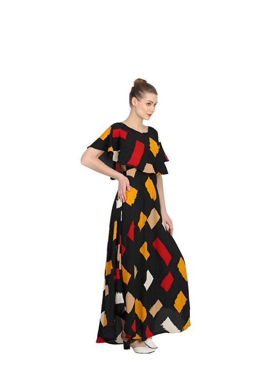  Side studio profile of multicolor printed crepe gown from CELESTINA