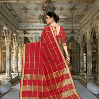 Back shot of saree flowing in motion, catching light on checks