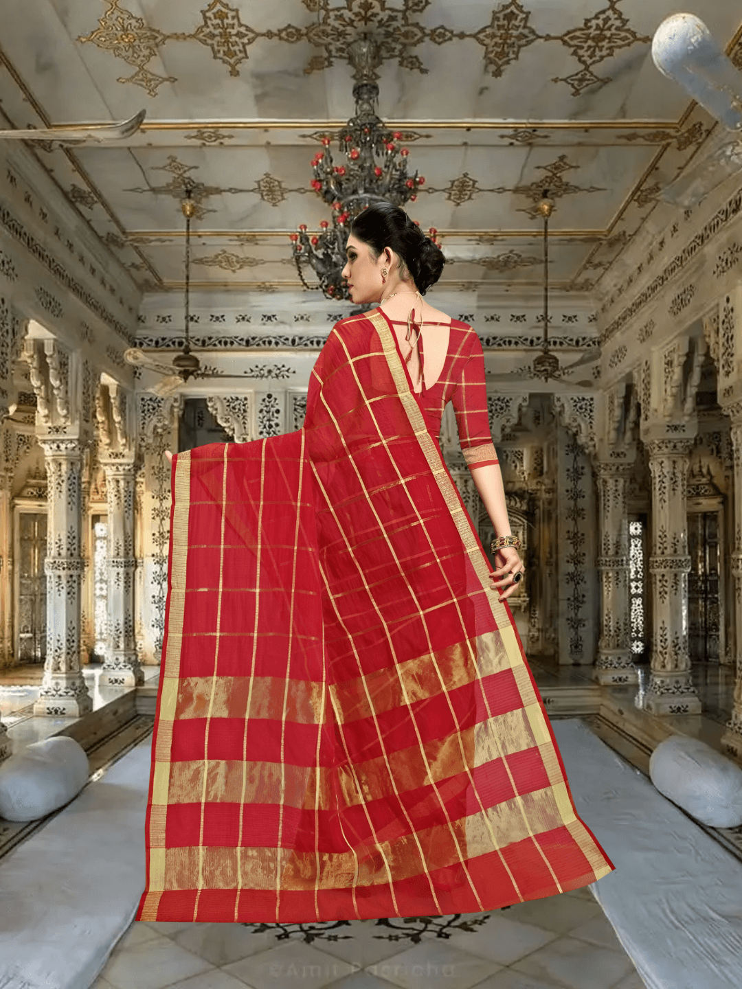 Back shot of saree flowing in motion, catching light on checks