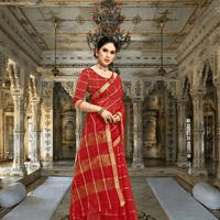 Model in red checkered saree glowing under golden palace lighting
