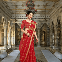 Model in red checkered saree glowing under golden palace lighting