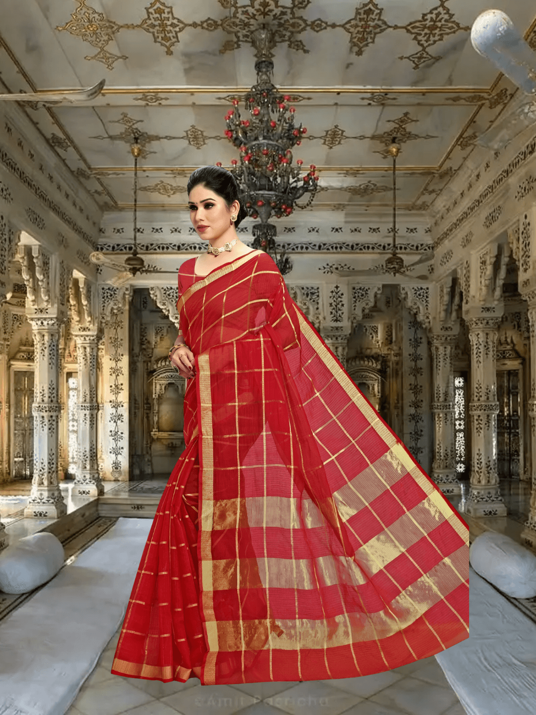 Saree draped mid-walk, showing heritage-inspired silhouette