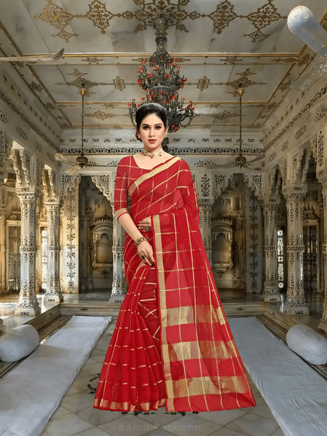 Gold and red check pattern reflecting soft ambient light