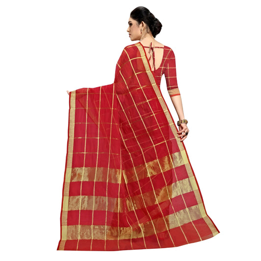 Close-up of golden checks woven into vibrant red cotton