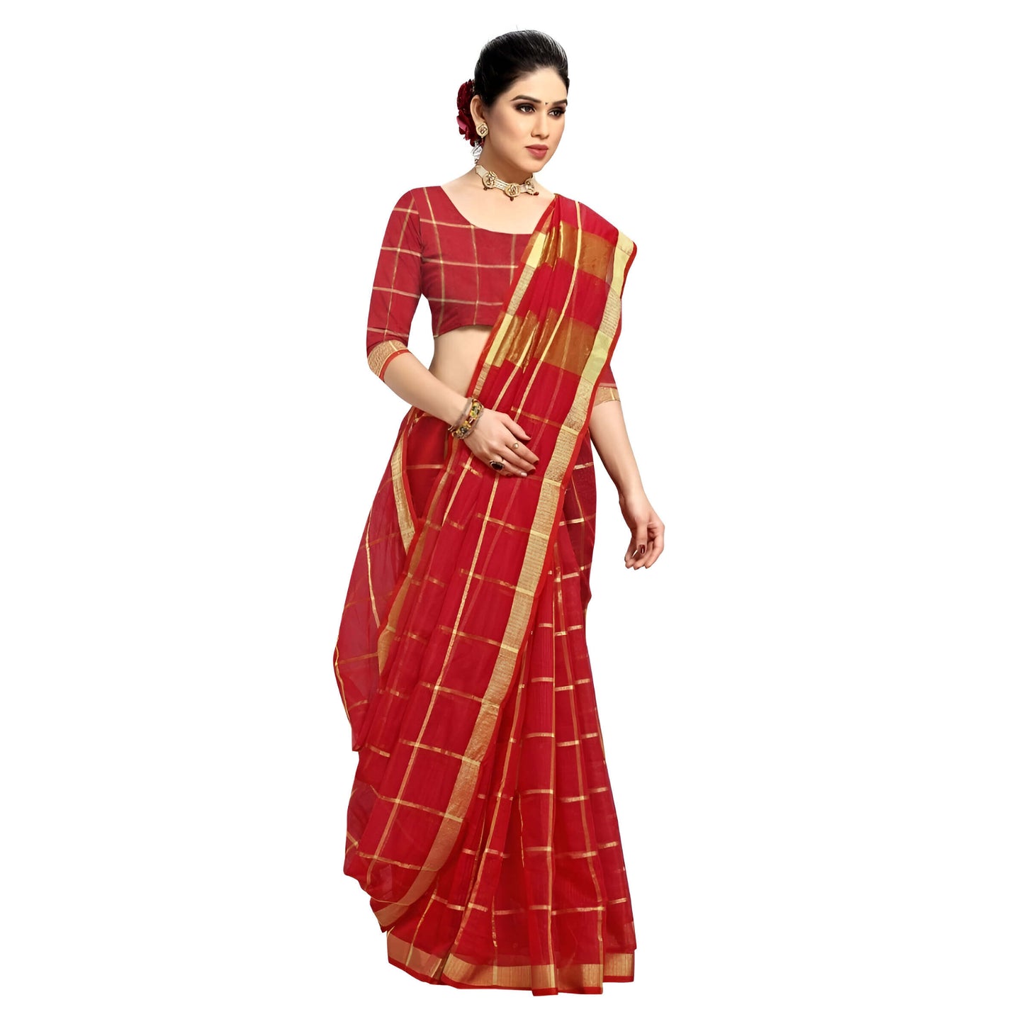 Saree laid out to reveal complete red and gold checkered weave