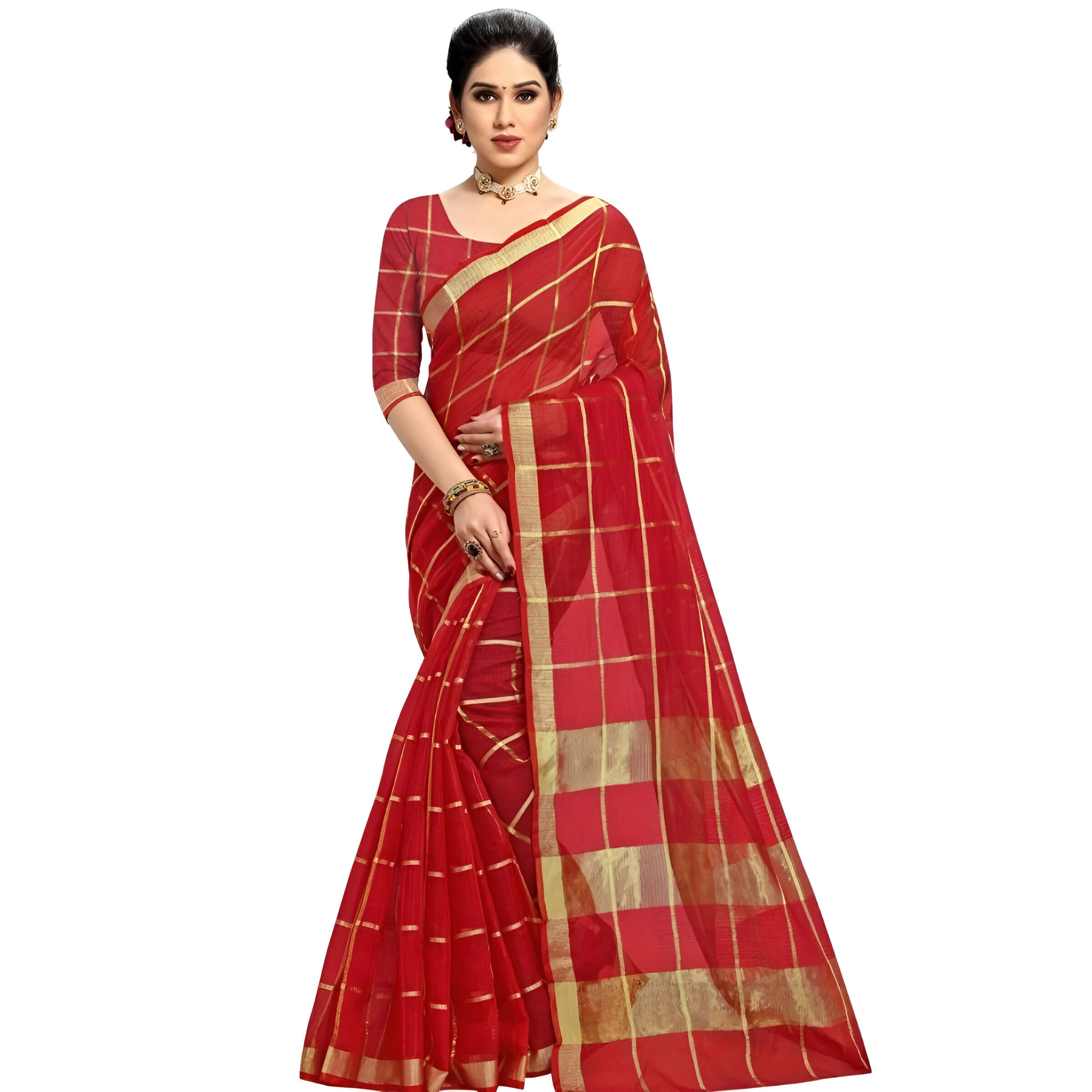 Saree laid out to reveal complete red and gold checkered weave