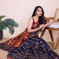  Front view of navy blue checkered saree radiating elegance in palace lighting