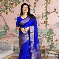 Front view of 💙 Ratnavyatha blue silk saree draped fully – lifestyle background