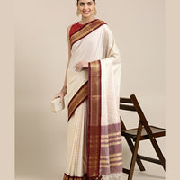 Studio front angle of white checkered saree with defined maroon blouse