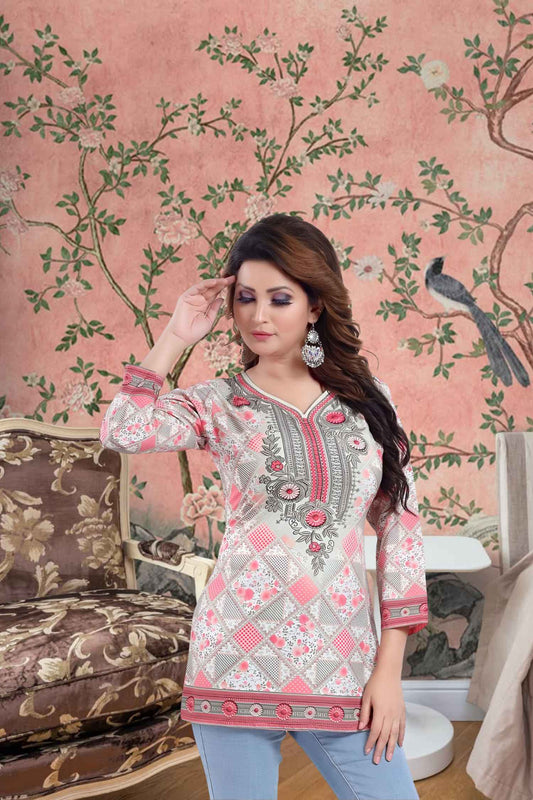 Front view of pink kurti bathed in morning light