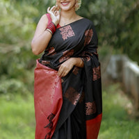 Front view of black-red silk saree in outdoor setting