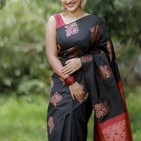 Front view of black-red silk saree in outdoor setting