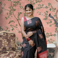  Front view of black-red silk saree in palace setting
