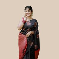 Studio front shot of black-red printed silk saree with blouse