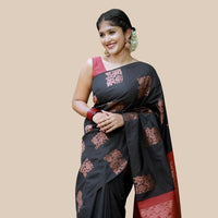 Studio front shot of black-red printed silk saree with blouse