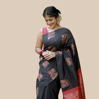 Studio front shot of black-red printed silk saree with blouse