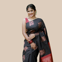 Studio front shot of black-red printed silk saree with blouse