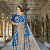 Model wearing blue Banarasi silk saree with golden motifs in a palace backdrop