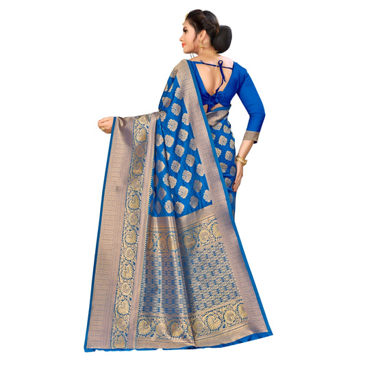 Detailed studio shot of zari pallu in deep blue Banarasi silk fabric