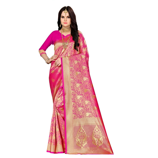 Close-up of abstract gold patterns on pink Banarasi silk
