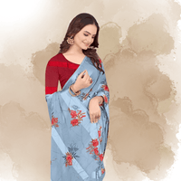 Light blue floral saree with crimson blouse fabric set