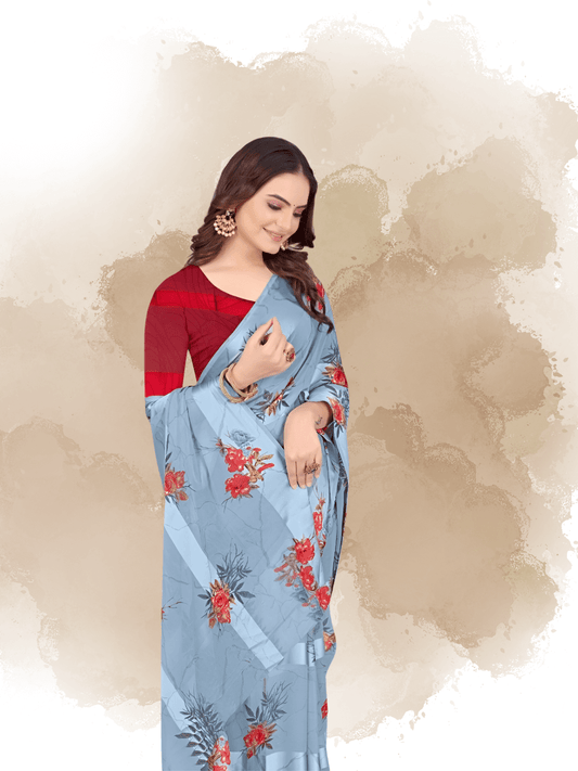 Light blue floral saree with crimson blouse fabric set