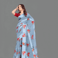 Light blue floral saree with crimson blouse fabric set