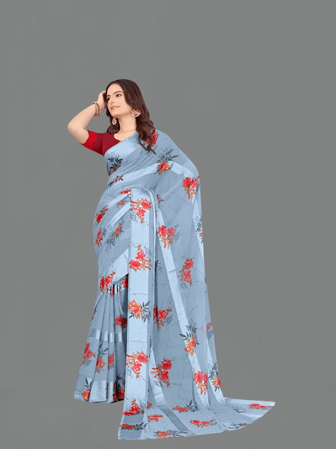 Light blue floral saree with crimson blouse fabric set
