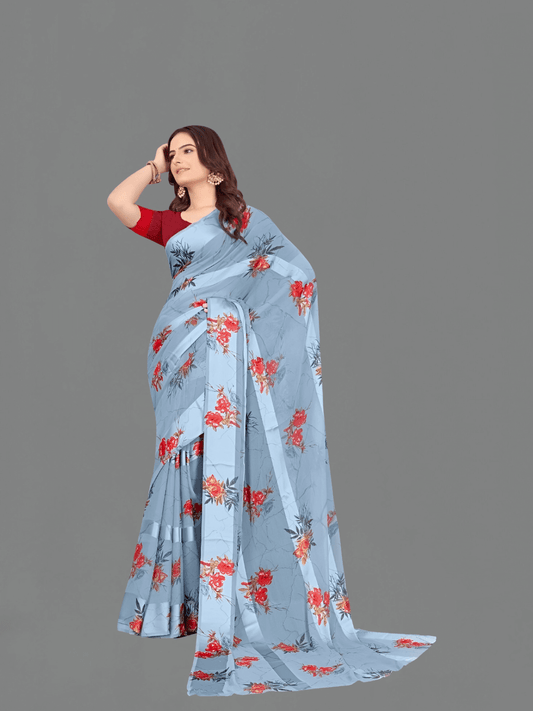 Light blue floral saree with crimson blouse fabric set
