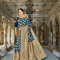 Detailed antique gold border on teal Banarasi silk with musical motif accents