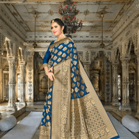 Model in teal blue Banarasi silk saree with antique gold zari in palace setting