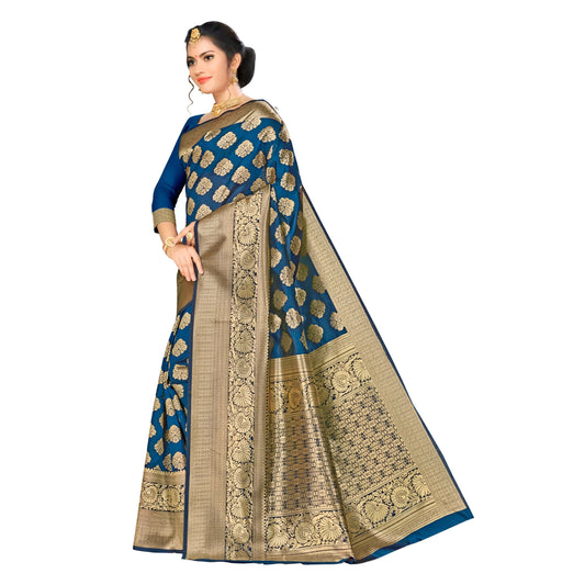 Full studio view of teal Banarasi saree with antique gold zari details