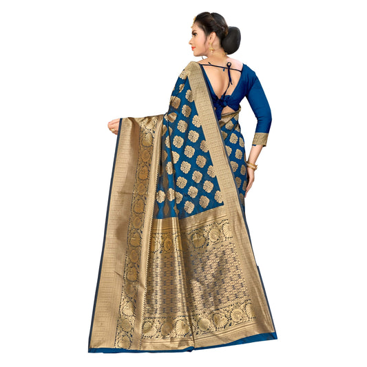 Pallu flowing down showcasing zari motifs on teal Banarasi silk in studio light