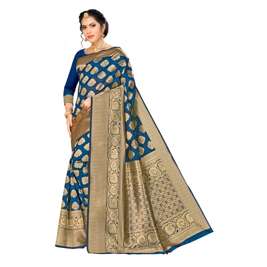 Close-up of antique gold motifs on teal Banarasi saree with studio background