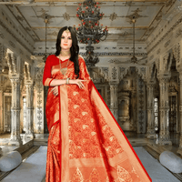 Close-up of golden zari border on red Banarasi silk saree in palace scene