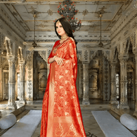 Model in deep red Banarasi silk saree with gold abstract motifs in royal setting