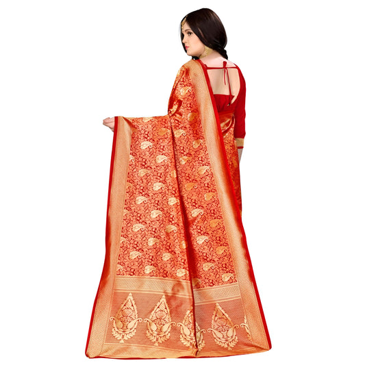 Studio view of gold zari pallu flowing across red silk saree