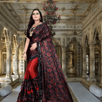 Red-black lycra saree in motion, maroon florals glowing 