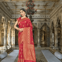 Red Banarasi in wildfire light, gold borders warping like heat mirages